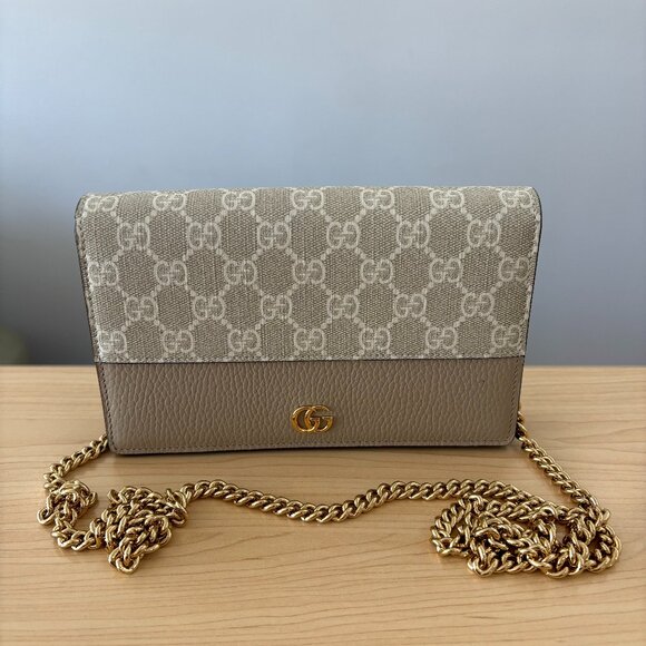 GUCCI  NEW "GG Marmont Mini" Wallet on Chain, Canvas Leather Trimmed - Picture 1 of 13